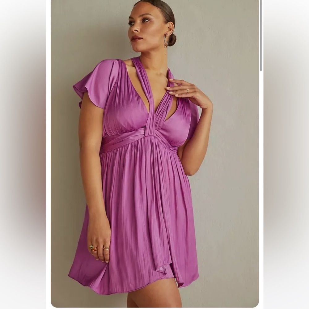 By Anthropologie Deep V-Neck Vibrant Mini Dress purple size 6